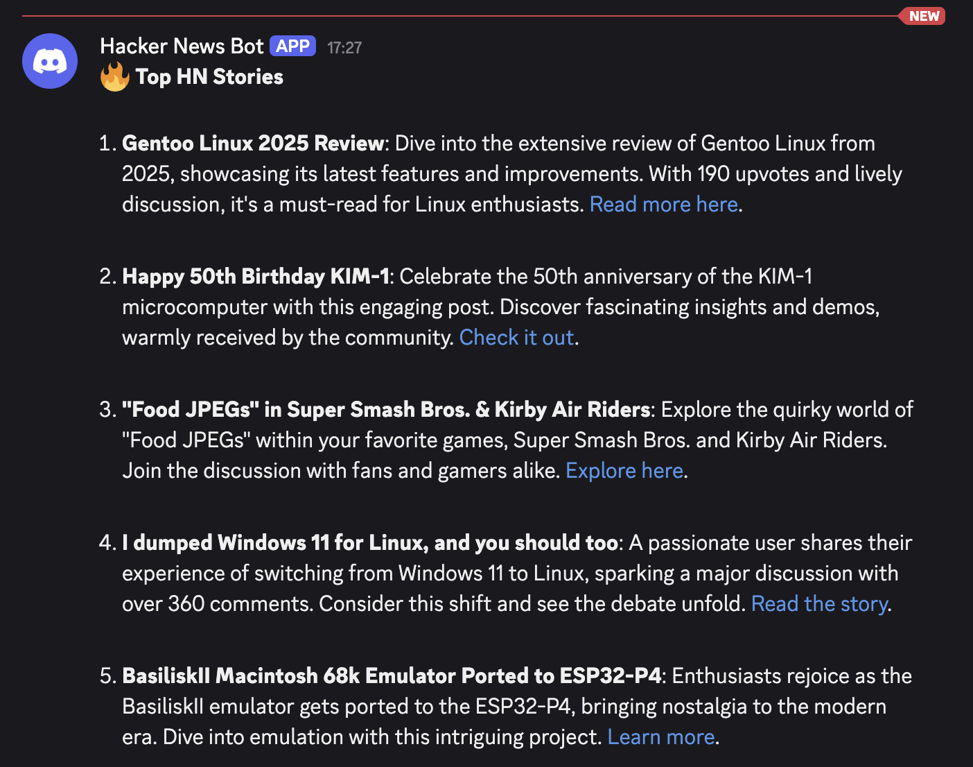 The hacker news message in Discord