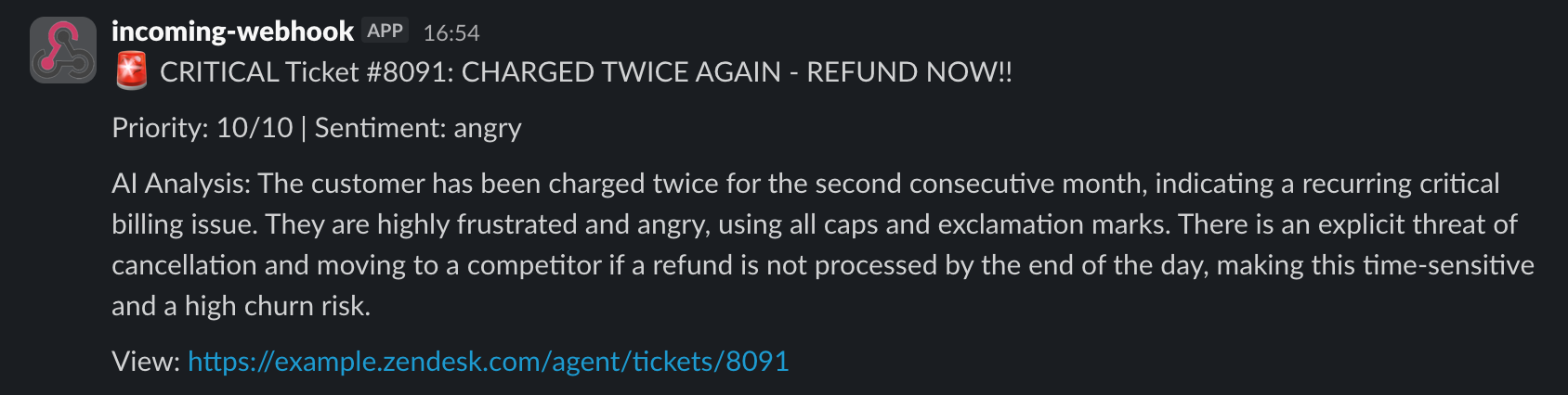 A critical ticket alert as it appears in Slack